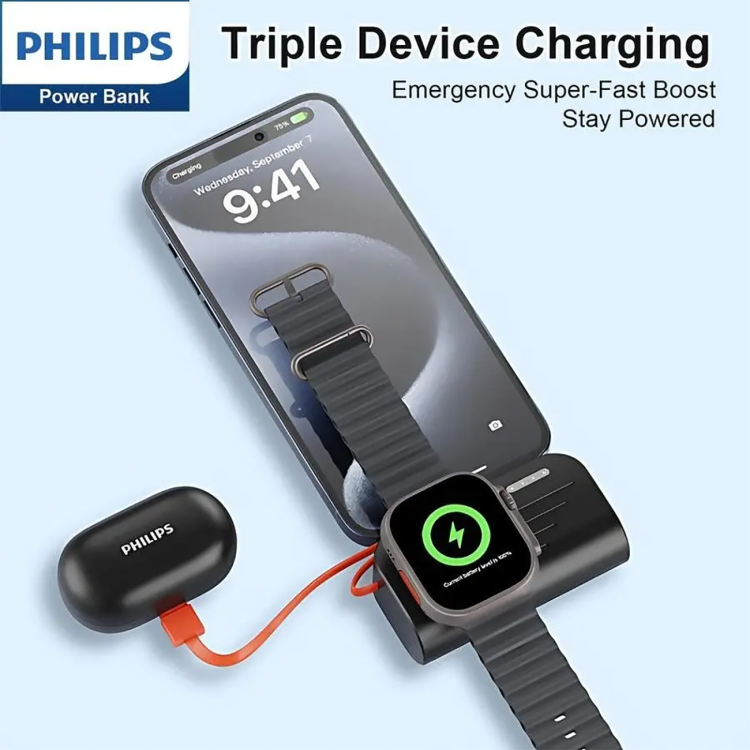 پاوربانک فیلیپس مدل DLP2552V ظرفیت 4900 میلیآمپر ساعت با شارژ سریع 20 وات و شارژ اپل واچ