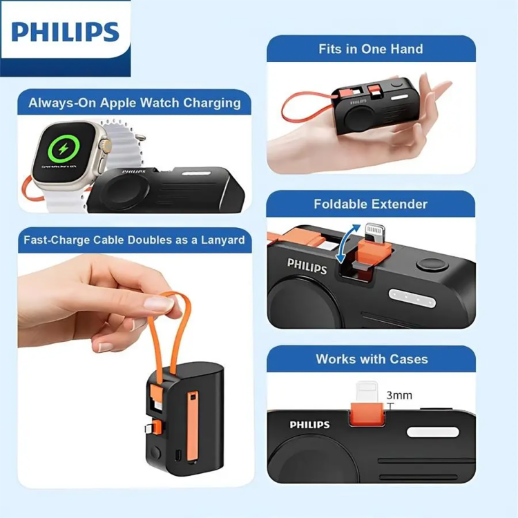 پاوربانک فیلیپس مدل DLP2552V ظرفیت 4900 میلیآمپر ساعت با شارژ سریع 20 وات و شارژ اپل واچ