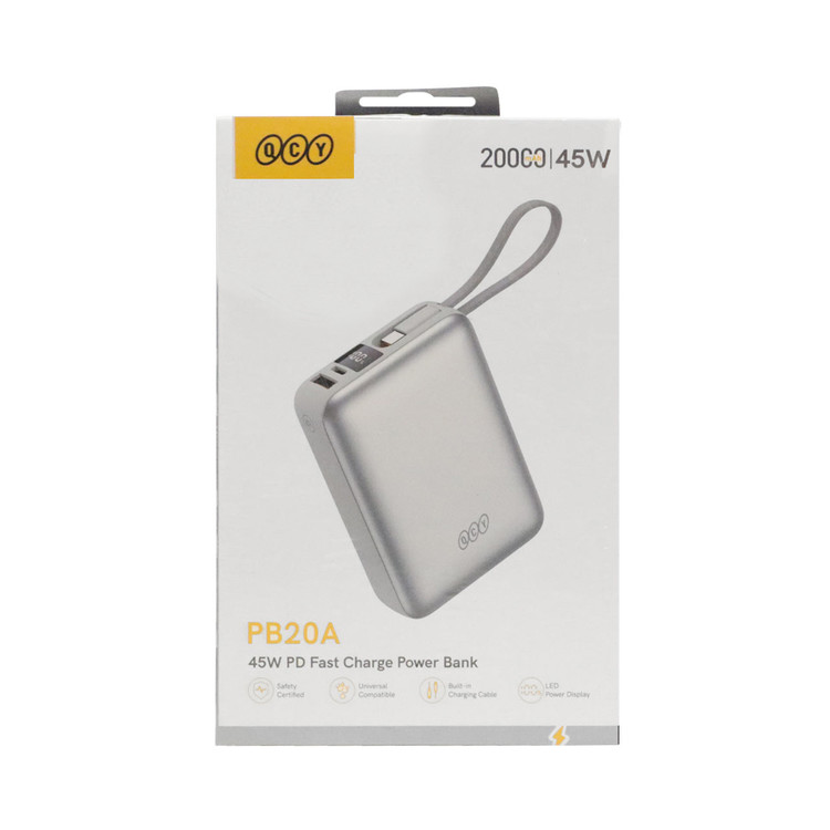 پاوربانک کیو سی وای مدل PB20A ظرفیت 20000 میلیآمپر ساعت با شارژ سریع 45 وات و کابل داخلی